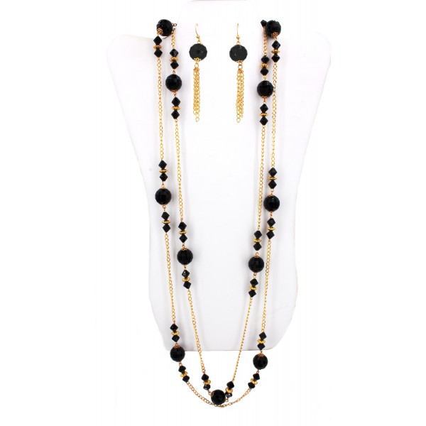 Gold Chain Black Onyx Beaded NE+ER Set - NE-WNE439